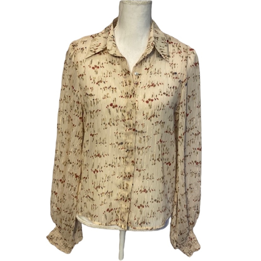 Reset By Jane Sheer Button Down Top Gold Thread Shimmer Long Puff Sleeve NWT
